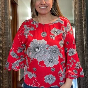 Keren hart Red Bell Sleeve Floral Top, Size XL